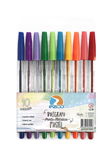 (SKR100) BOLIGRAFO EZCO X10 COLORES PASTEL - ESCOLAR - BOLIGRAFOS